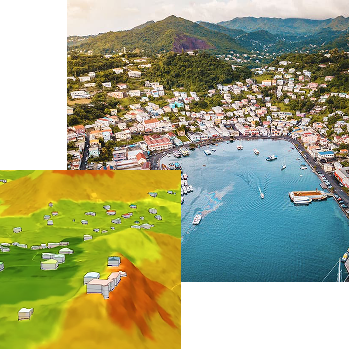 배경에 푸른 산이 있는 섬 항구가 있고, 공간정보 인공 지능 도구가 산사태로 인해 위기에 처한 건물을 식별한 고도 맵