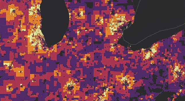 위치별 소매상 쇼핑객의 평균 연령을 보여주는 색상 블록이 표시된 맵