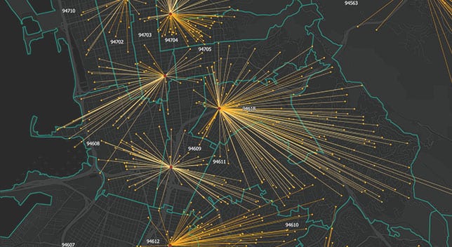쇼핑 지역에 대한 우편번호로 고객의 위치를 보여주는 샌프란시스코만 주변 지역의 맵