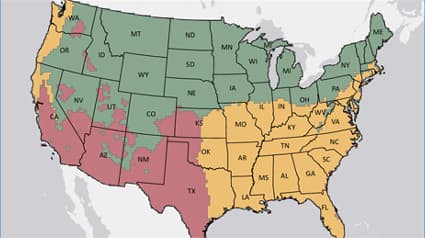 초록색, 빨간색, 노란색으로 이루어진 미국 맵