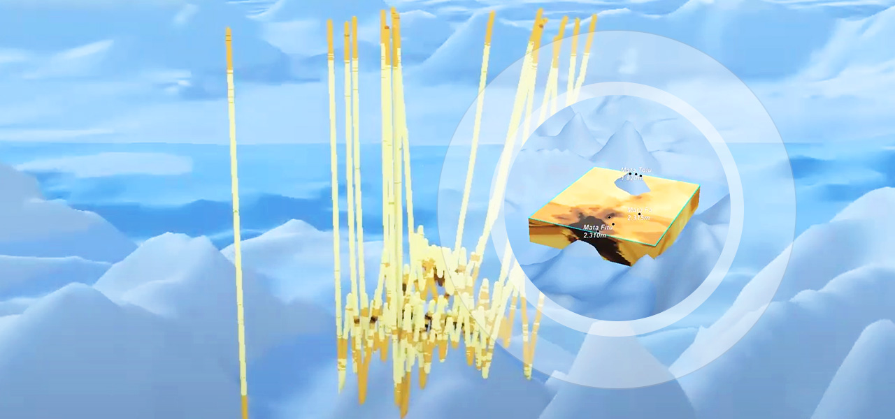 흰색 및 파란색 모양의 물결 위에 그래프 같은 노란색 라인과 3D 사각형 맵이 반투명한 원 안에 있는 3D 그래픽